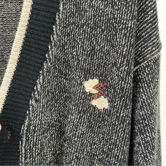 Vintage Sweater Lightning Bolt Patch Black Tan Grandpa Cardigan Size Small - Picture 6 of 12